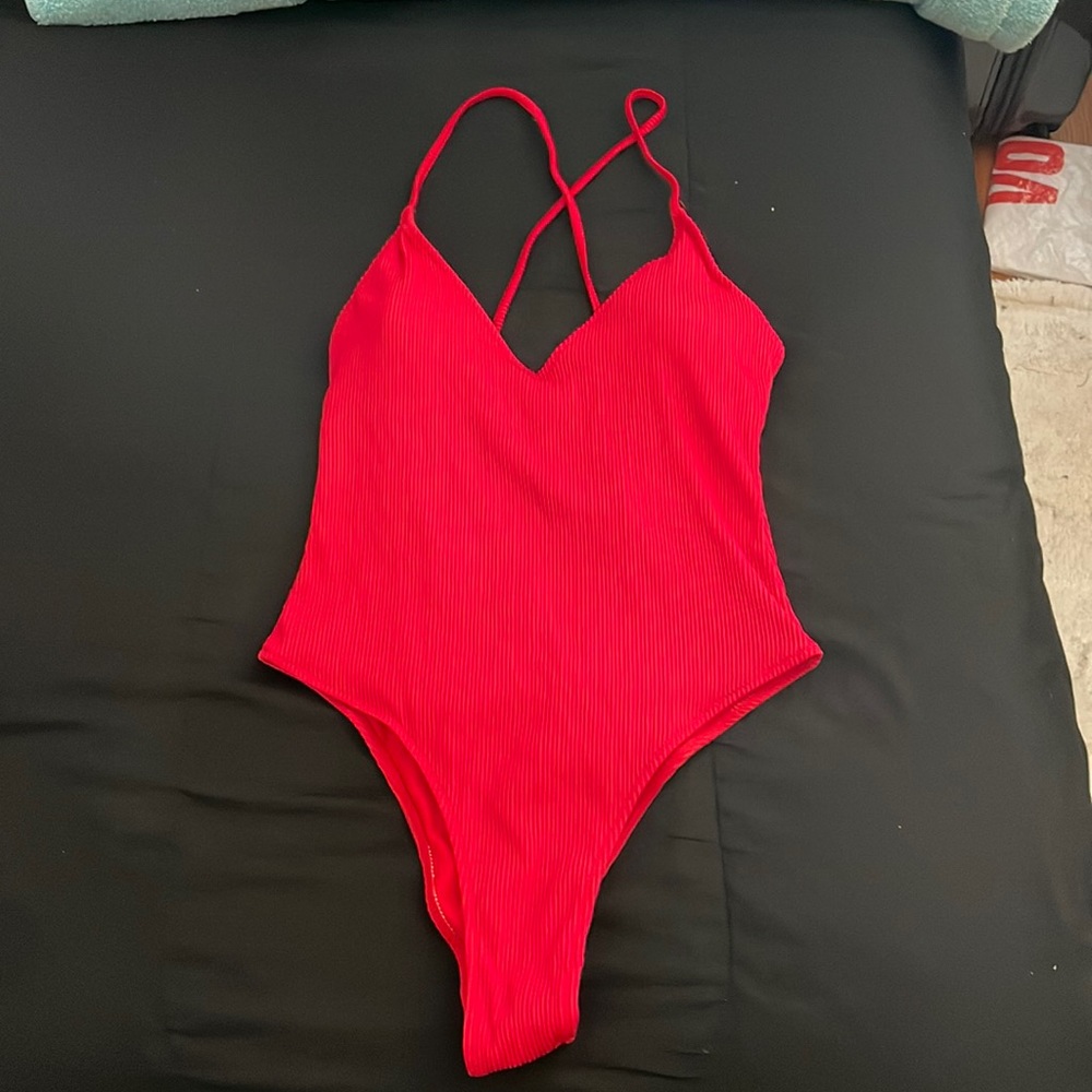 Red Ribbed One Piece Swimsuit